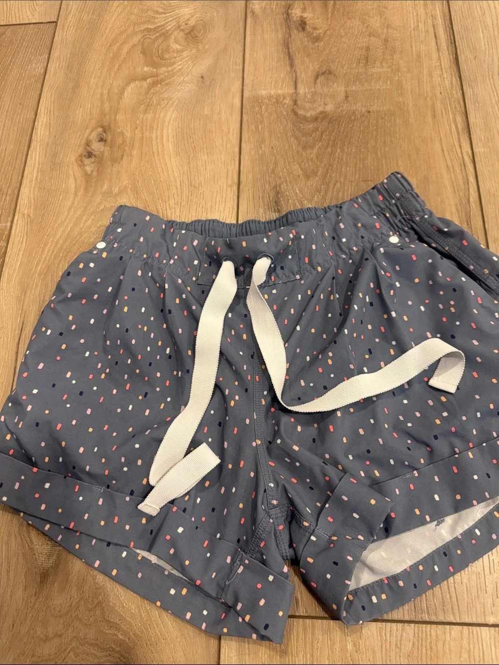 Women’s Blue Drawstring Casual Shorts with Pink Dot Print